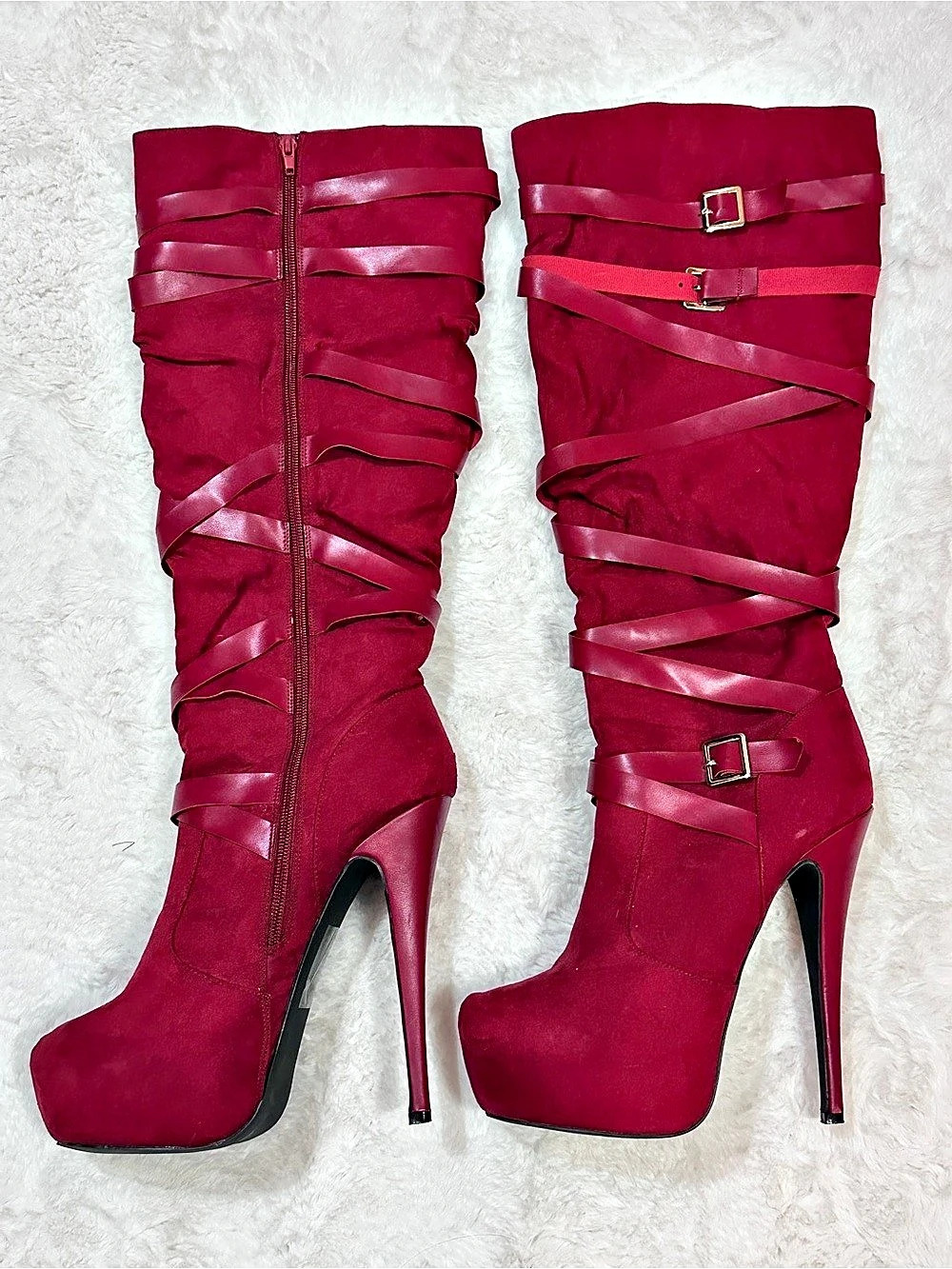 Red Suede Strappy Boots